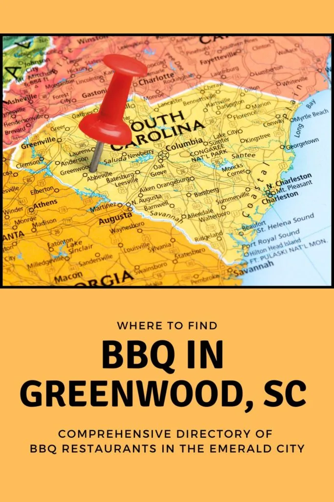 Red pin stabbed in heart of SC over the words BBQ in Greenwood, SC.