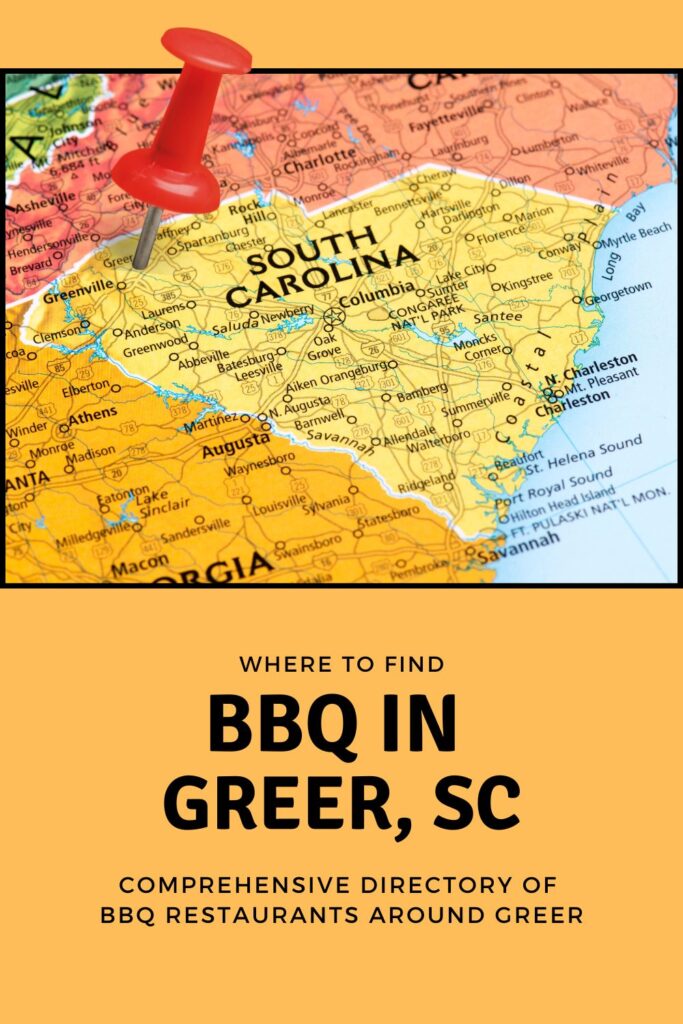 Red pin stabbed in heart of SC over the words BBQ in Greer, SC.