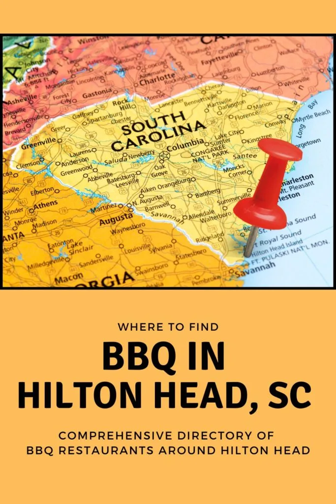 Red pin stabbed in heart of SC over the words BBQ in Hilton Head, SC.