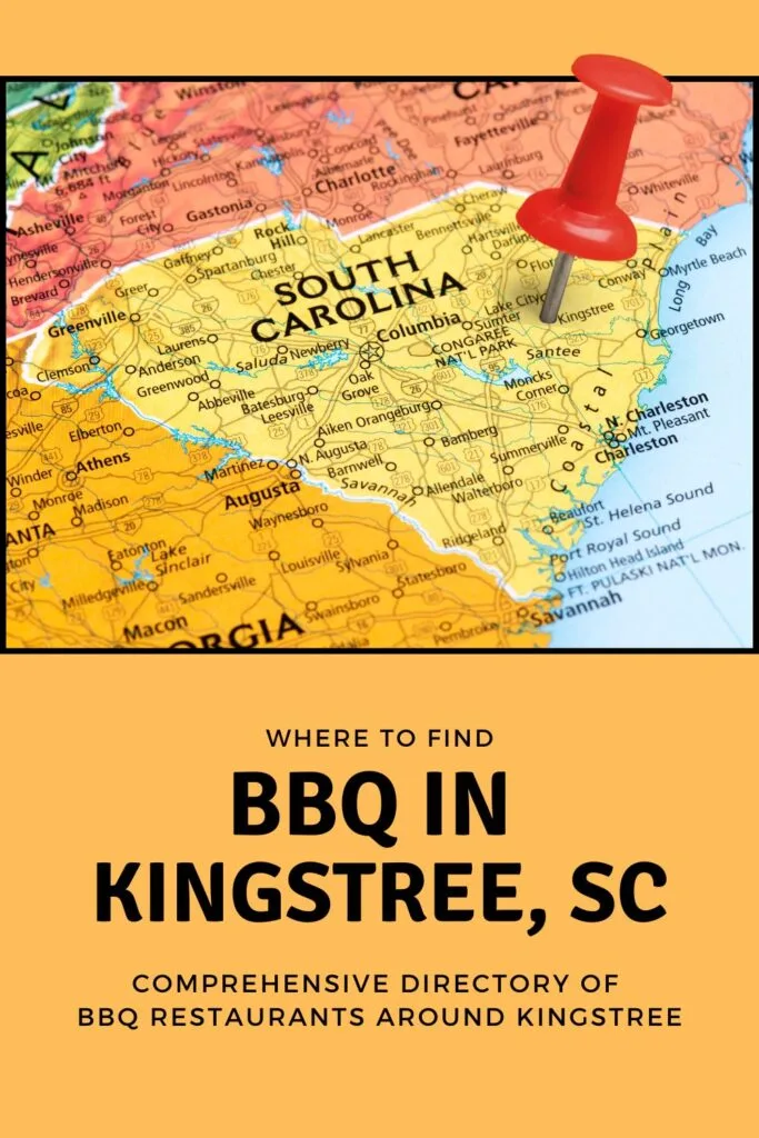 Red pin stabbed in heart of SC over the words BBQ in Kingstree, SC.