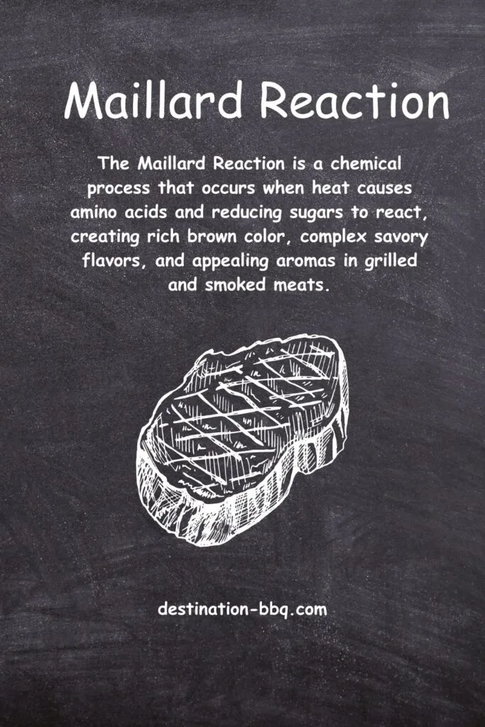 Chalkboard design for the term Maillard reaction including a definition and a sketch of a steak with grill marks.
