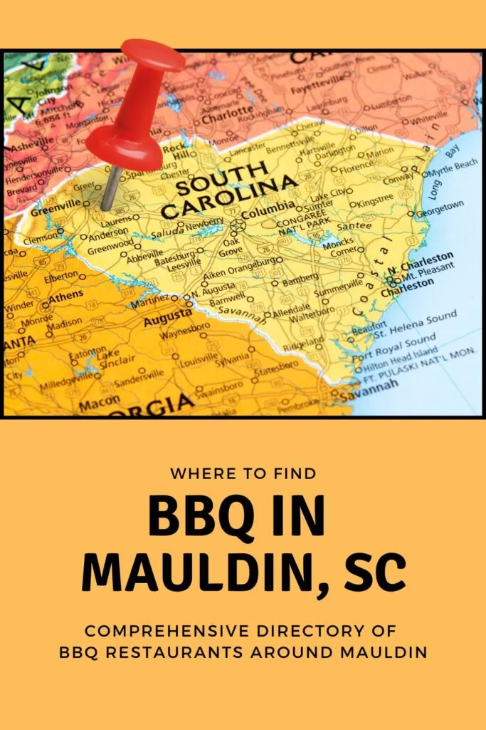 Red pin stabbed in heart of SC over the words BBQ in Mauldin, SC.