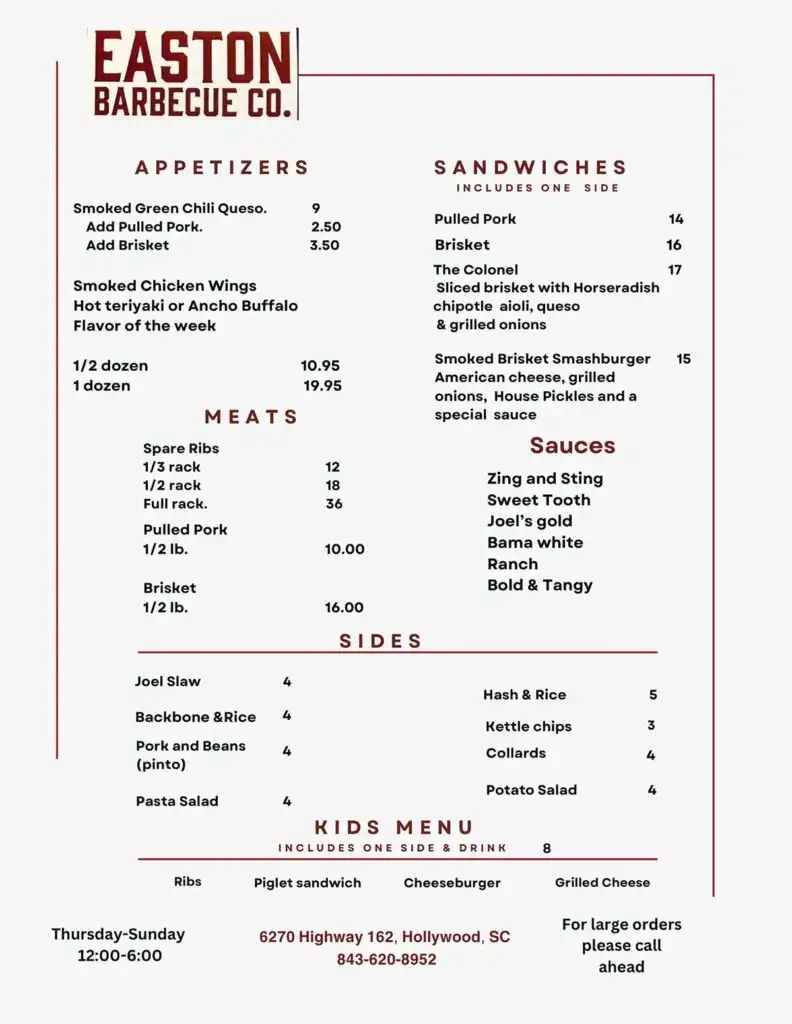Menu for Easton Barbecue in Hollywood, SC.