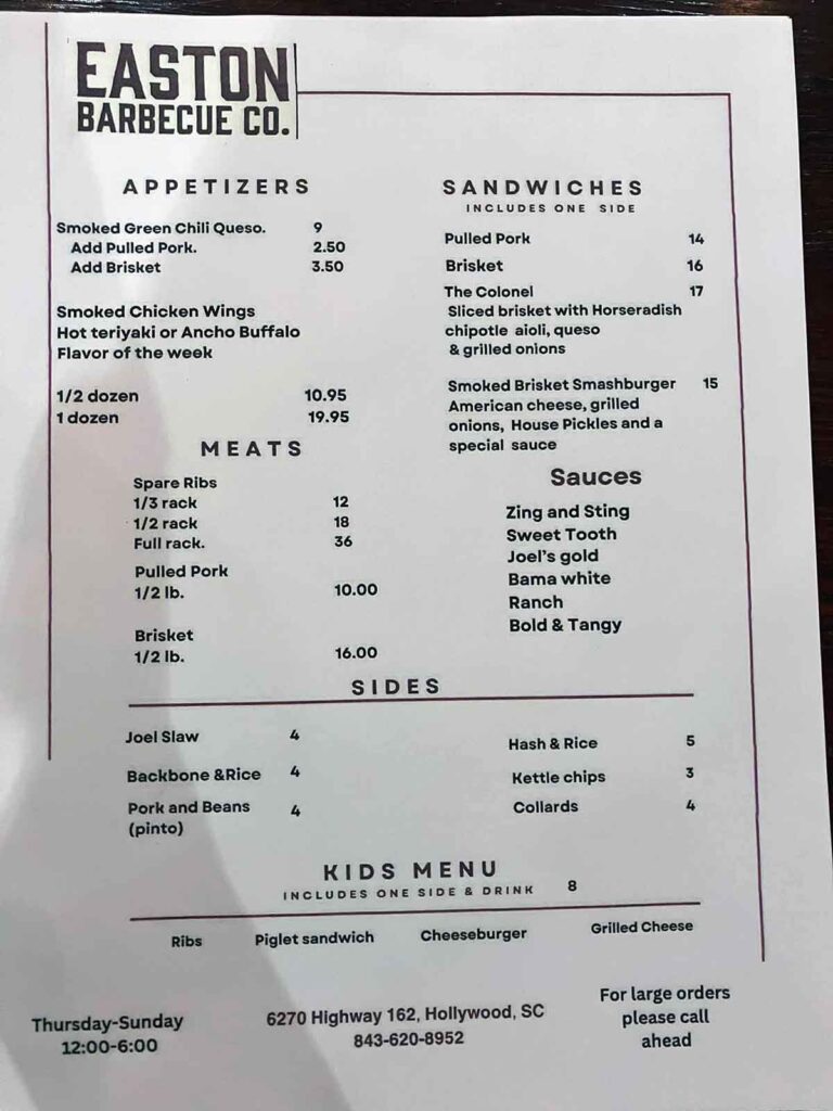 Menu for Easton Barbecue in Hollywood, SC.