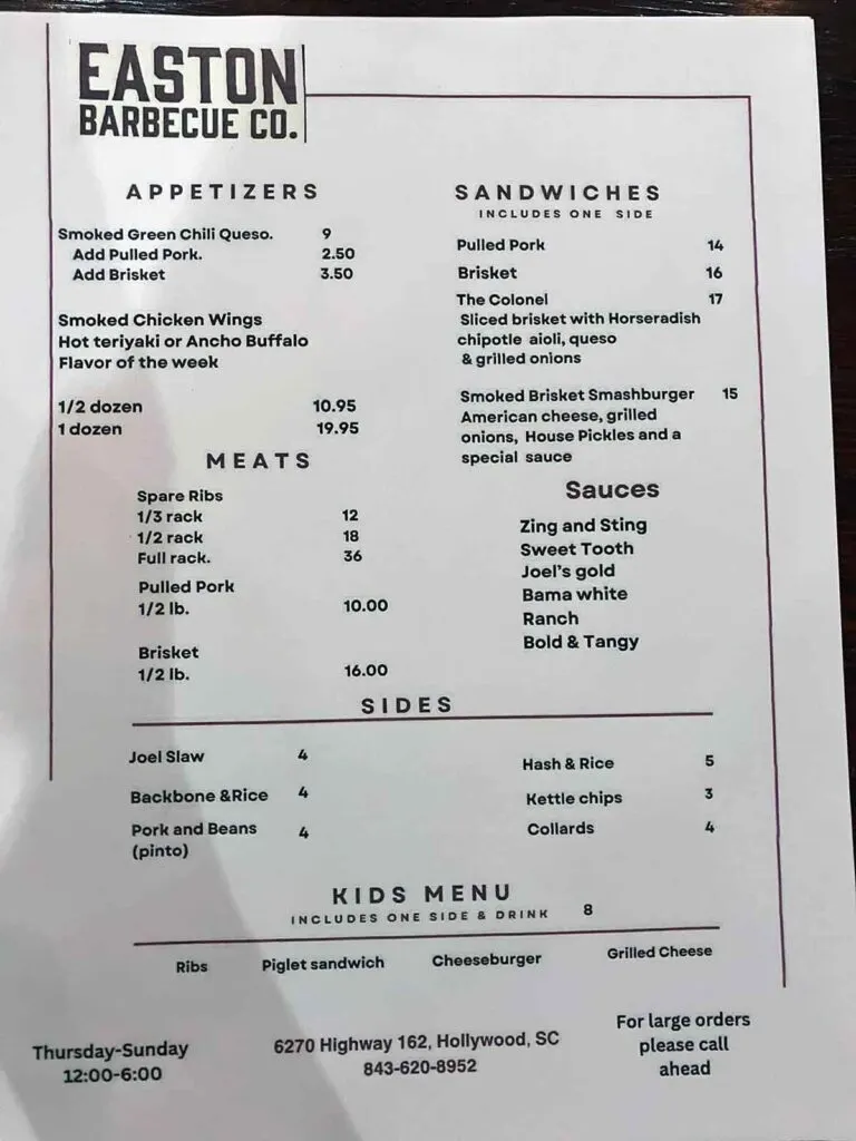 Menu for Easton Barbecue in Hollywood, SC.