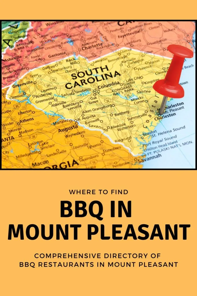 Red pin stabbed in heart of SC over the words BBQ in Mount Pleasant, SC.