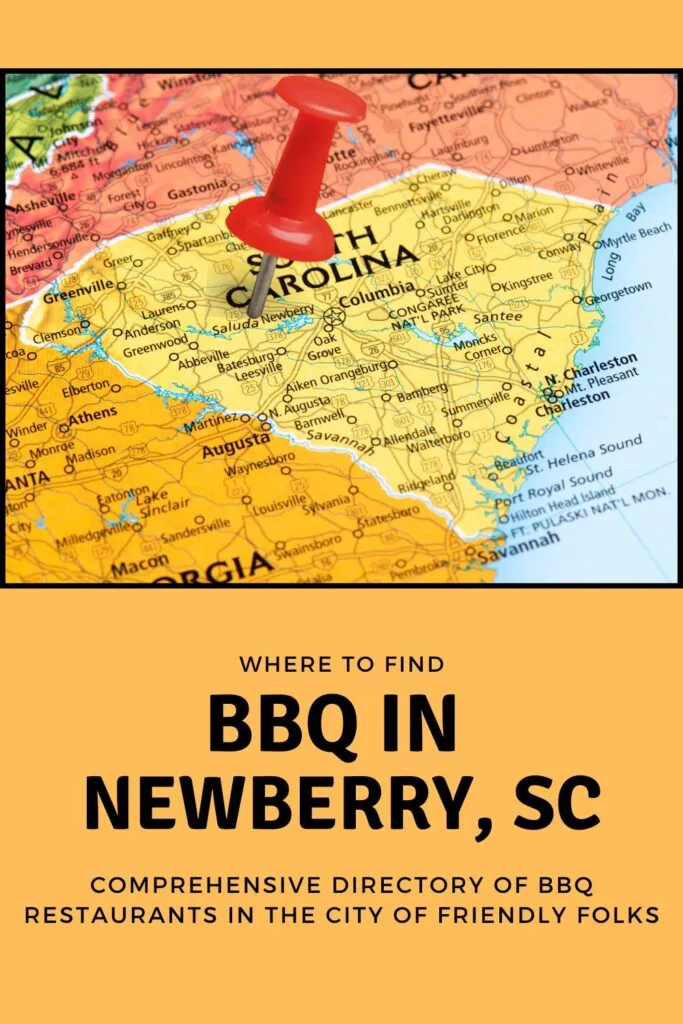 Red pin stabbed in heart of SC over the words BBQ in Newberry, SC.
