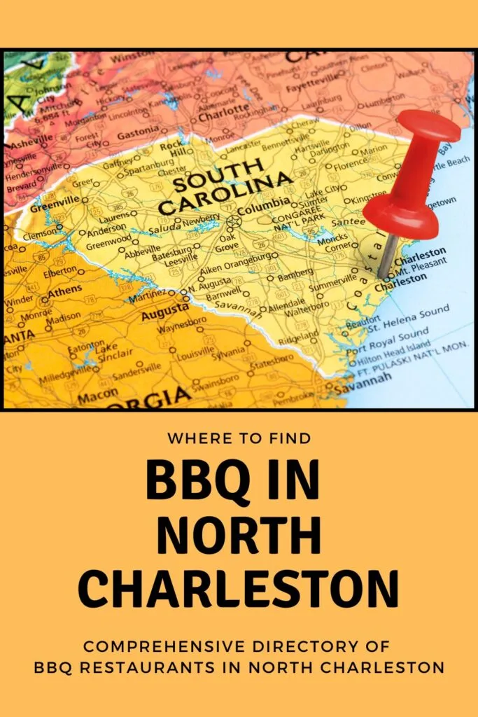 Red pin stabbed in heart of SC over the words BBQ in North Charleston, SC.