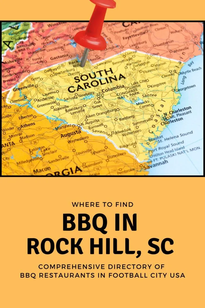 Red pin stabbed in heart of SC over the words BBQ in Rock Hill, SC.