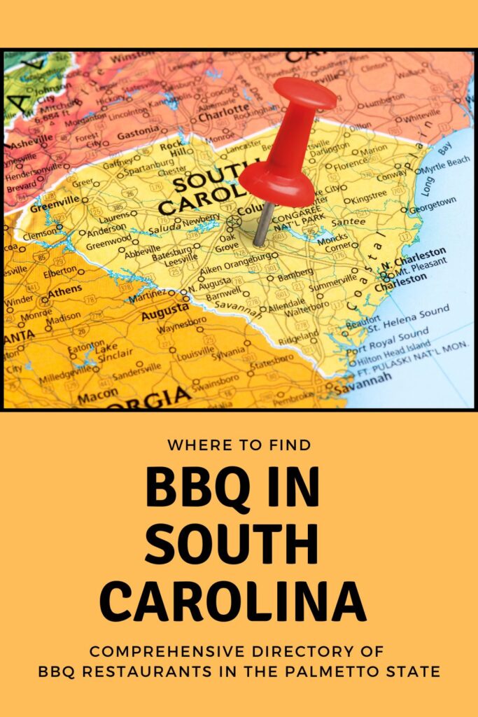 Red pin stabbed in heart of SC over the words BBQ In Palmetto State.