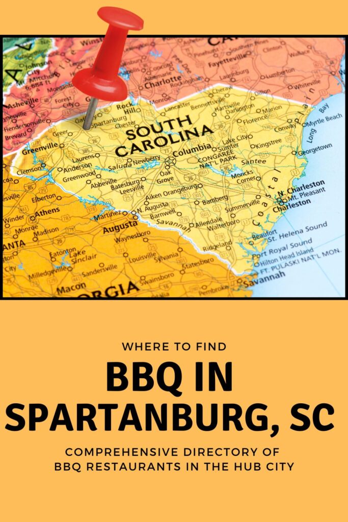 Red pin stabbed in heart of SC over the words BBQ in Spartanburg, SC.