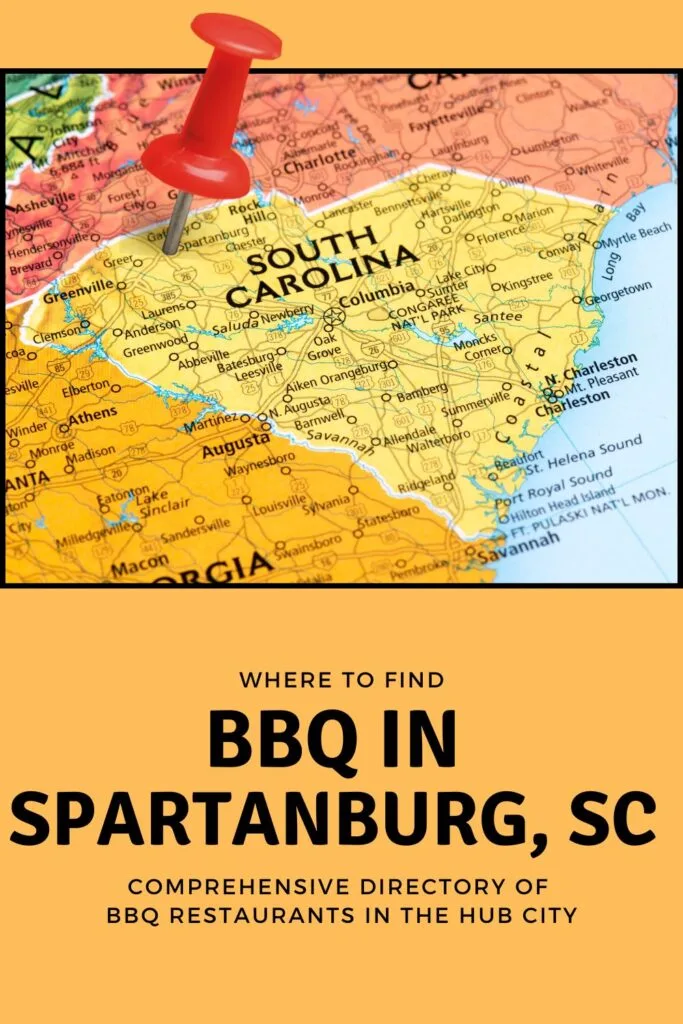 Red pin stabbed in heart of SC over the words BBQ in Spartanburg, SC.
