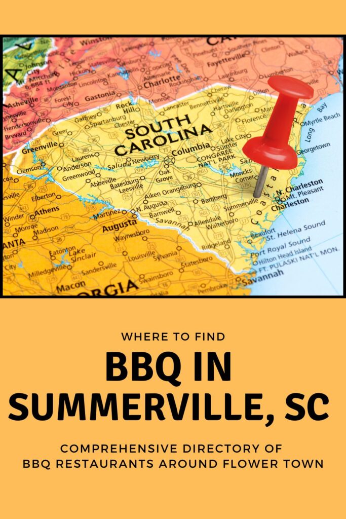 Red pin stabbed in heart of SC over the words BBQ in Summerville, SC.