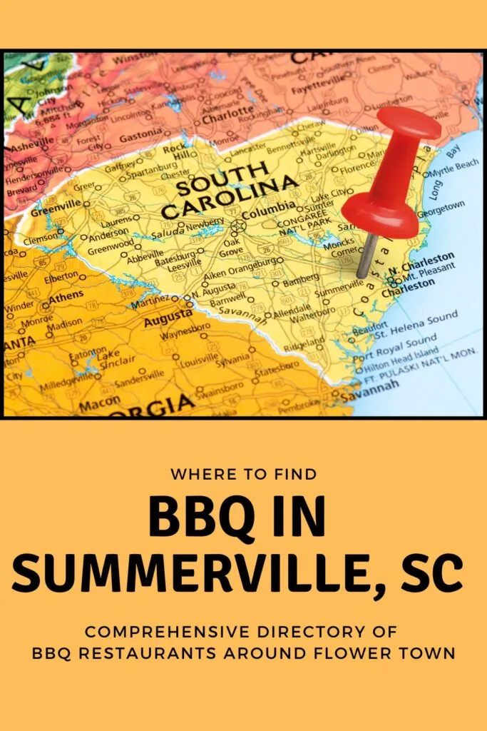 Red pin stabbed in heart of SC over the words BBQ in Summerville, SC.