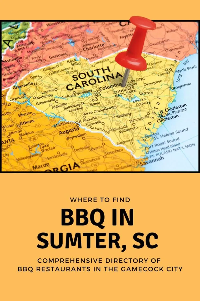Red pin stabbed in heart of SC over the words BBQ in Sumter, SC.