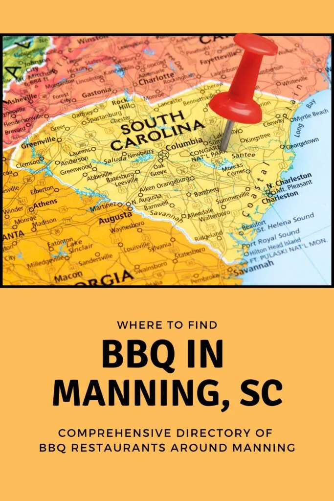 Red pin stabbed in heart of SC over the words BBQ in Manning, SC.