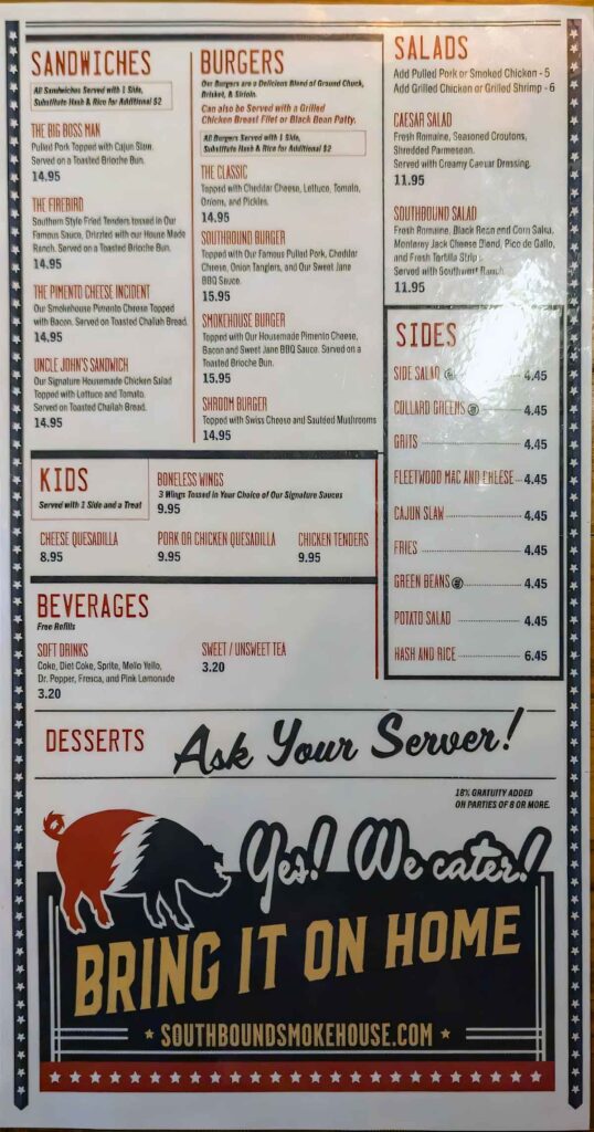 Menu for Southbound Smokehouse in the Alley in Aiken, Side 1