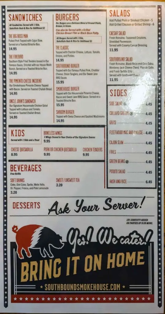 Menu for Southbound Smokehouse in the Alley in Aiken, Side 1