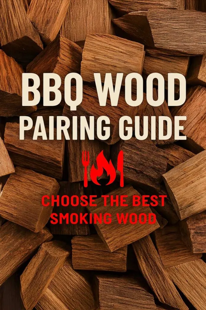 BBQ Wood Pairing Guide: Choose the Best Smoking Wood written on top of a jumbled pile of firewood.