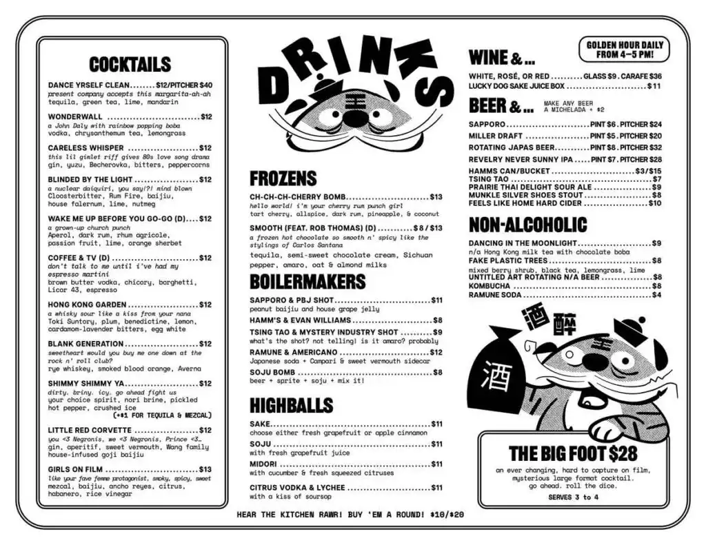 Drink menu for King BBQ in N. Charleston.