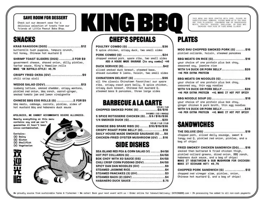 Food menu for King BBQ in N. Charleston.