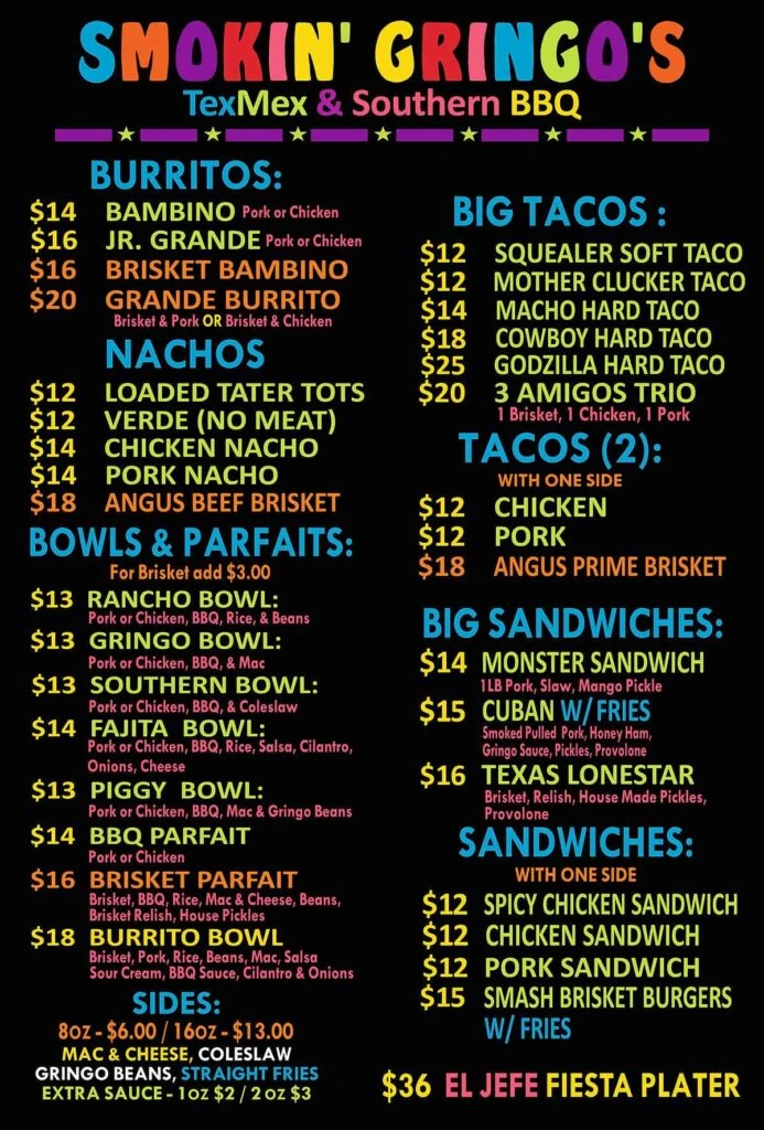Menu for Smokin' Gringo's near Summerville.