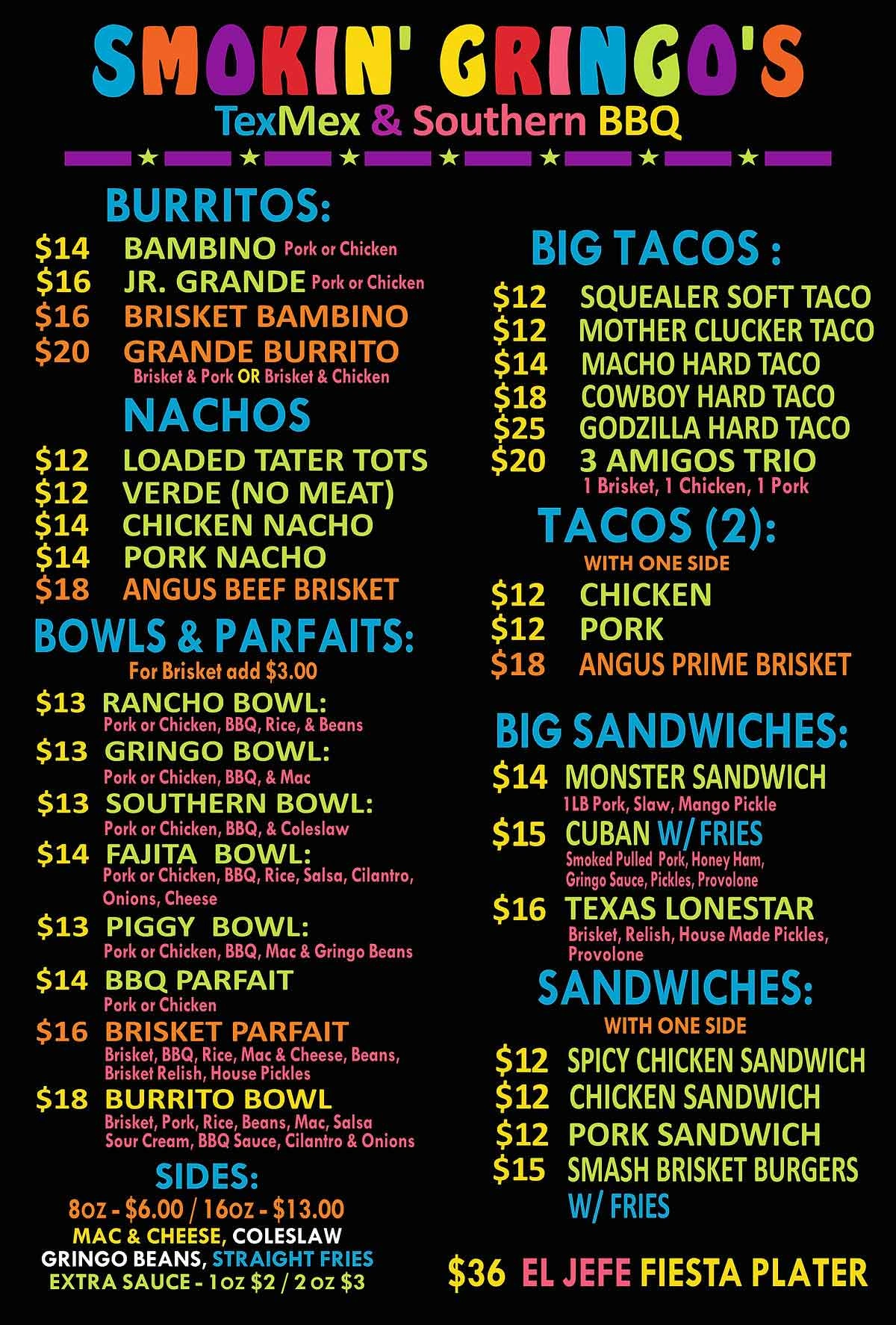 Menu for Smokin' Gringo's near Summerville.
