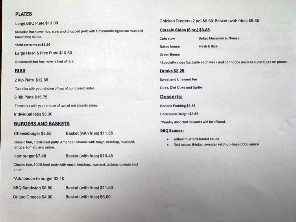 Menu for Crossroads BBQ in St. George.