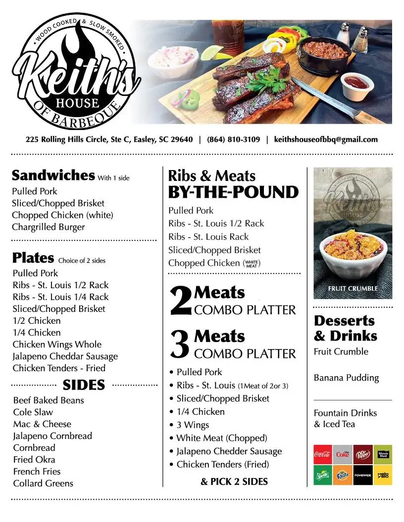 Menu for Keith's House of BBQ in Easley, SC.