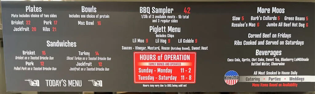 Menu for Moohogz Craft BBQ in The Commons in Greenville.