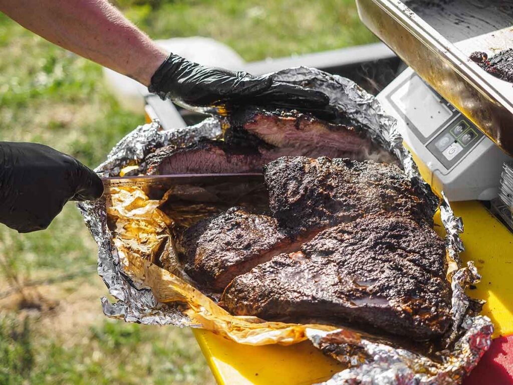 Large brisket in two materials cut into three chunks.