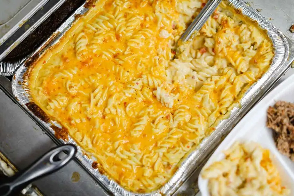 Tray full of mac and cheese.