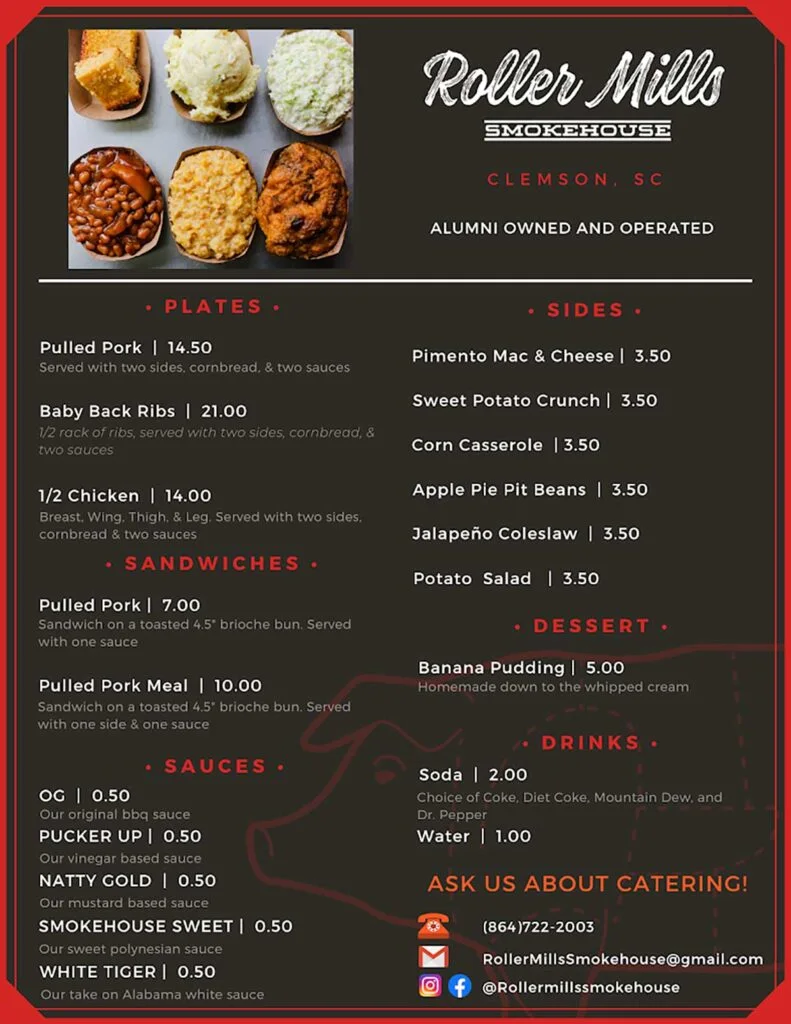 Menu for Roller Mills Smokehouse.
