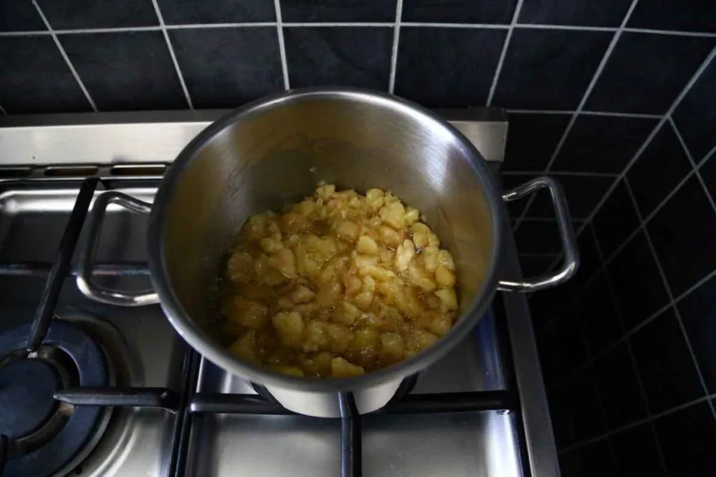 Pot of beef suet rendering down to tallow on gas stove.