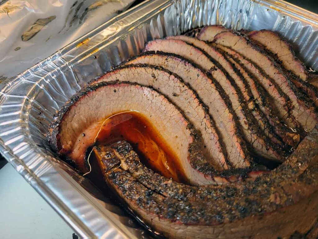 Tray of sliced brisket.
