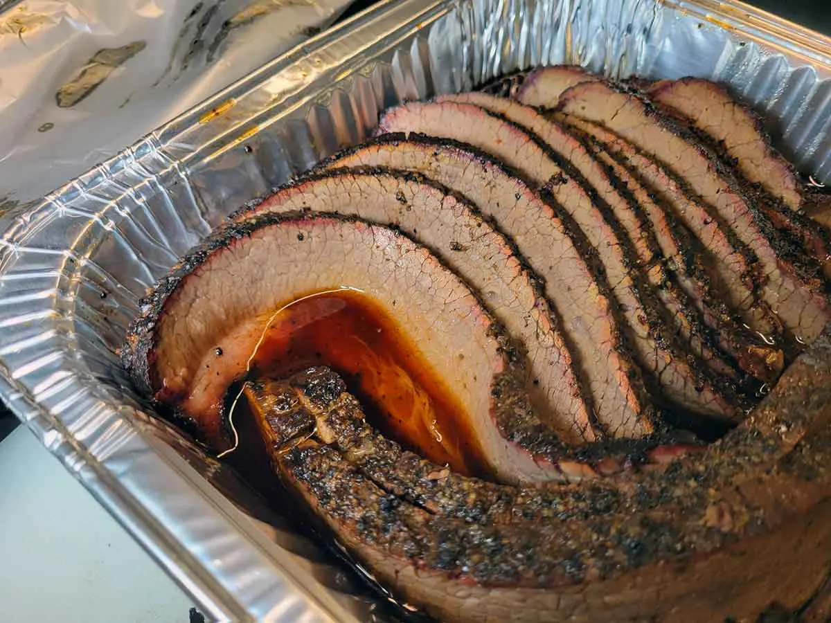 Tray of sliced brisket.