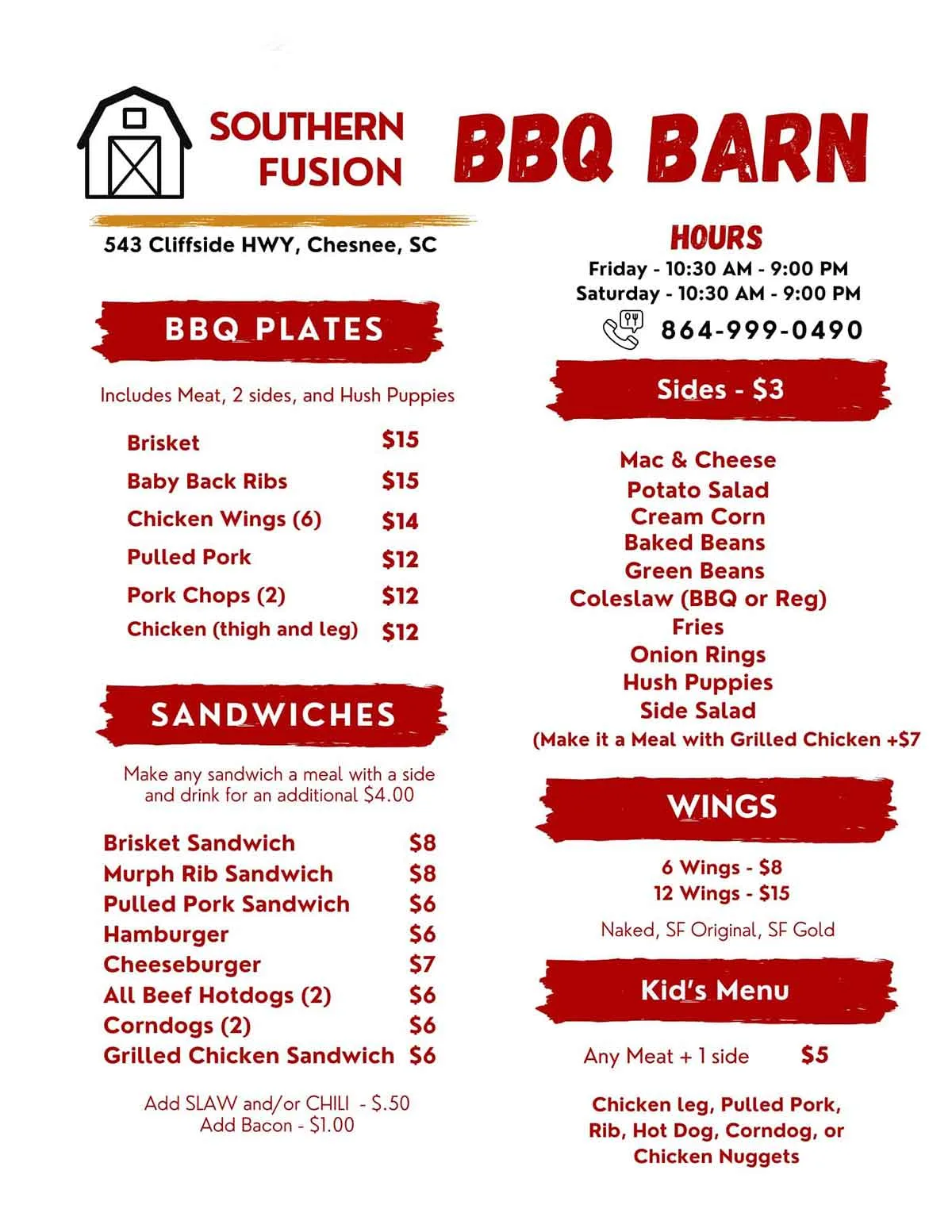 Menu for Southern Fusion BBQ Barn.