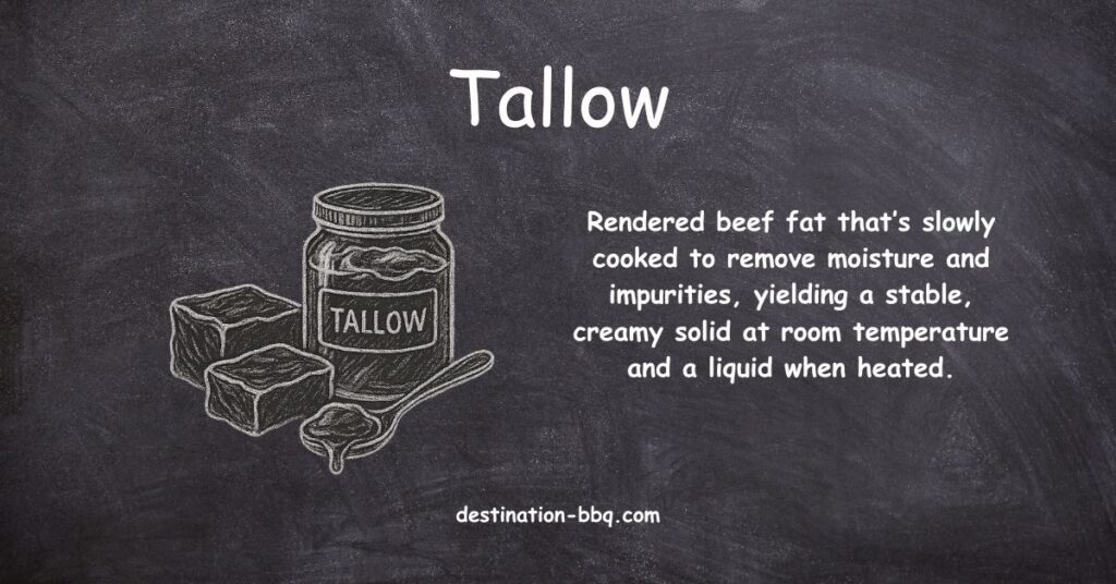 Chalkboard design for the term Tallow including a definition and a sketch of a bottle of tallow with blocks of it and a dripping spoonful.