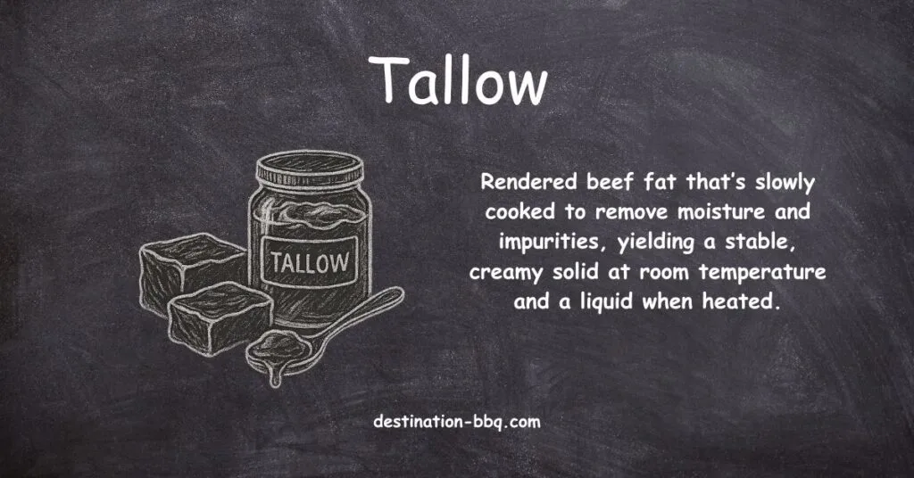 Chalkboard design for the term Tallow including a definition and a sketch of a bottle of tallow with blocks of it and a dripping spoonful.