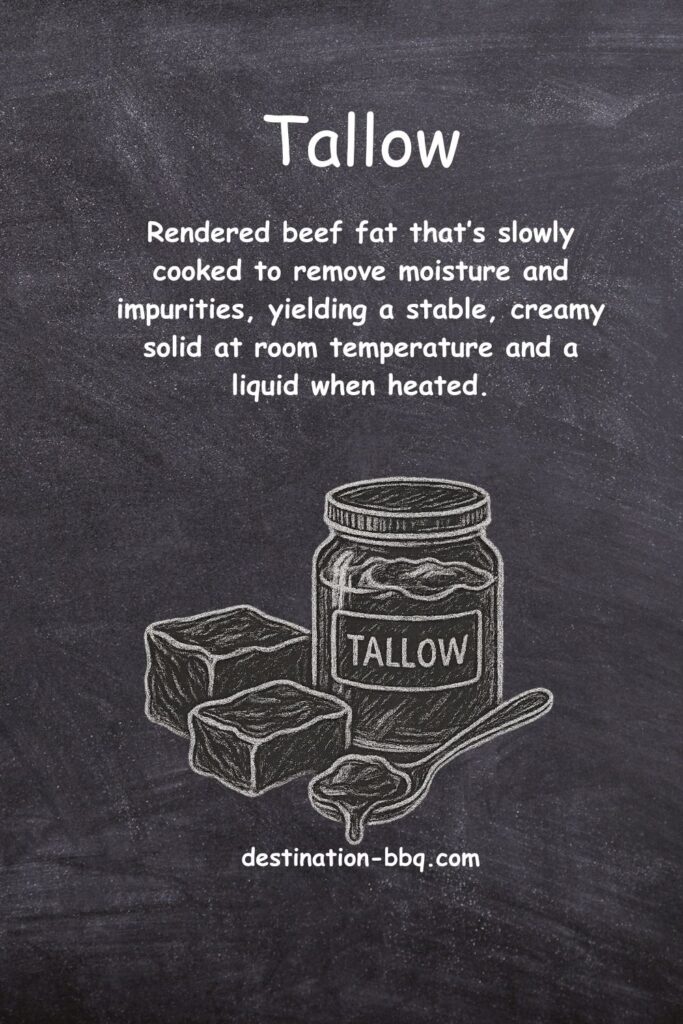 Chalkboard design for the term Tallow including a definition and a sketch of a bottle of tallow with blocks of it and a dripping spoonful.