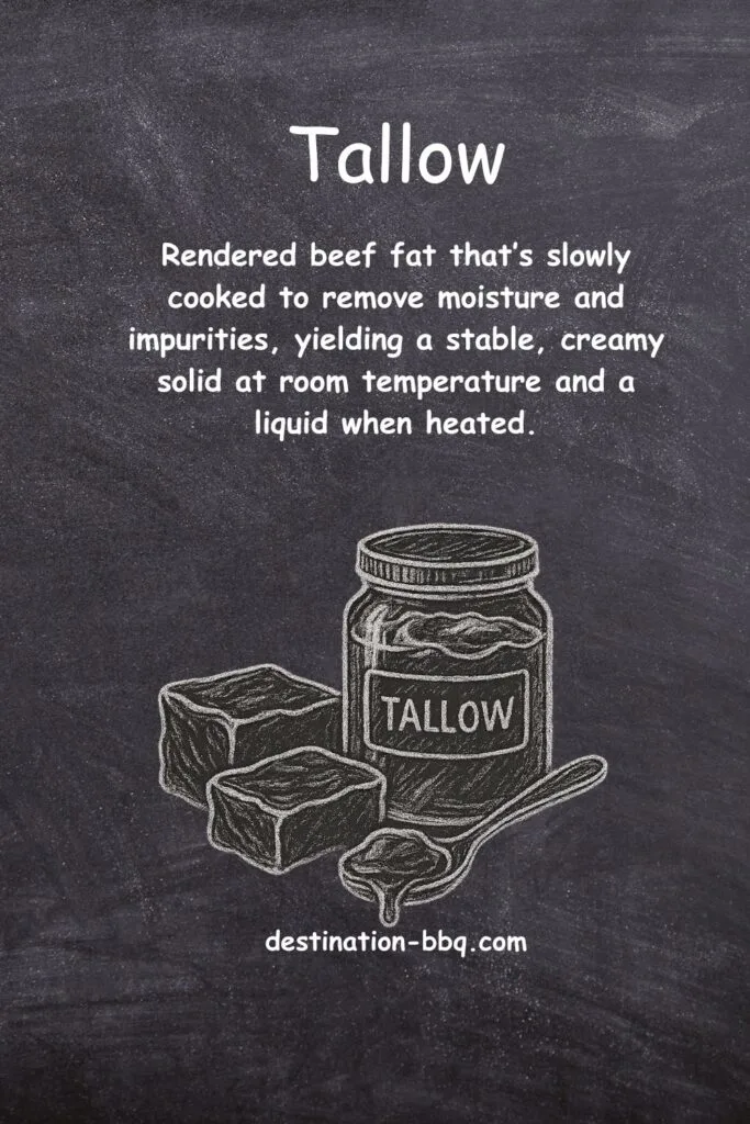 Chalkboard design for the term Tallow including a definition and a sketch of a bottle of tallow with blocks of it and a dripping spoonful.