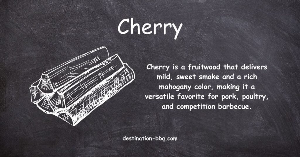 Chalkboard design for the BBQ term "Cherry" (hardwood) including a definition and a sketch of a pile of cut firewood.