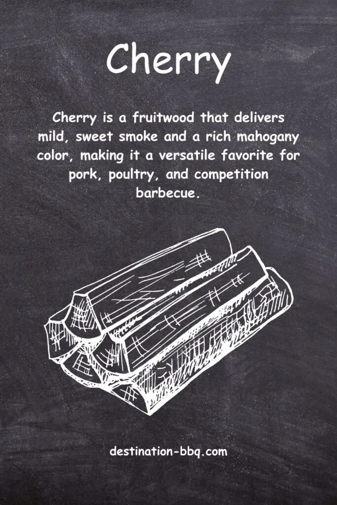 Chalkboard design for the BBQ term "Cherry" (fruitwood) including a definition and a sketch of a pile of cut firewood.