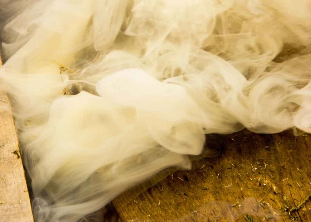 Dense, thick billowy white smoke rising from smoldering, damp wood in a firebox, indicating dirty combustion.