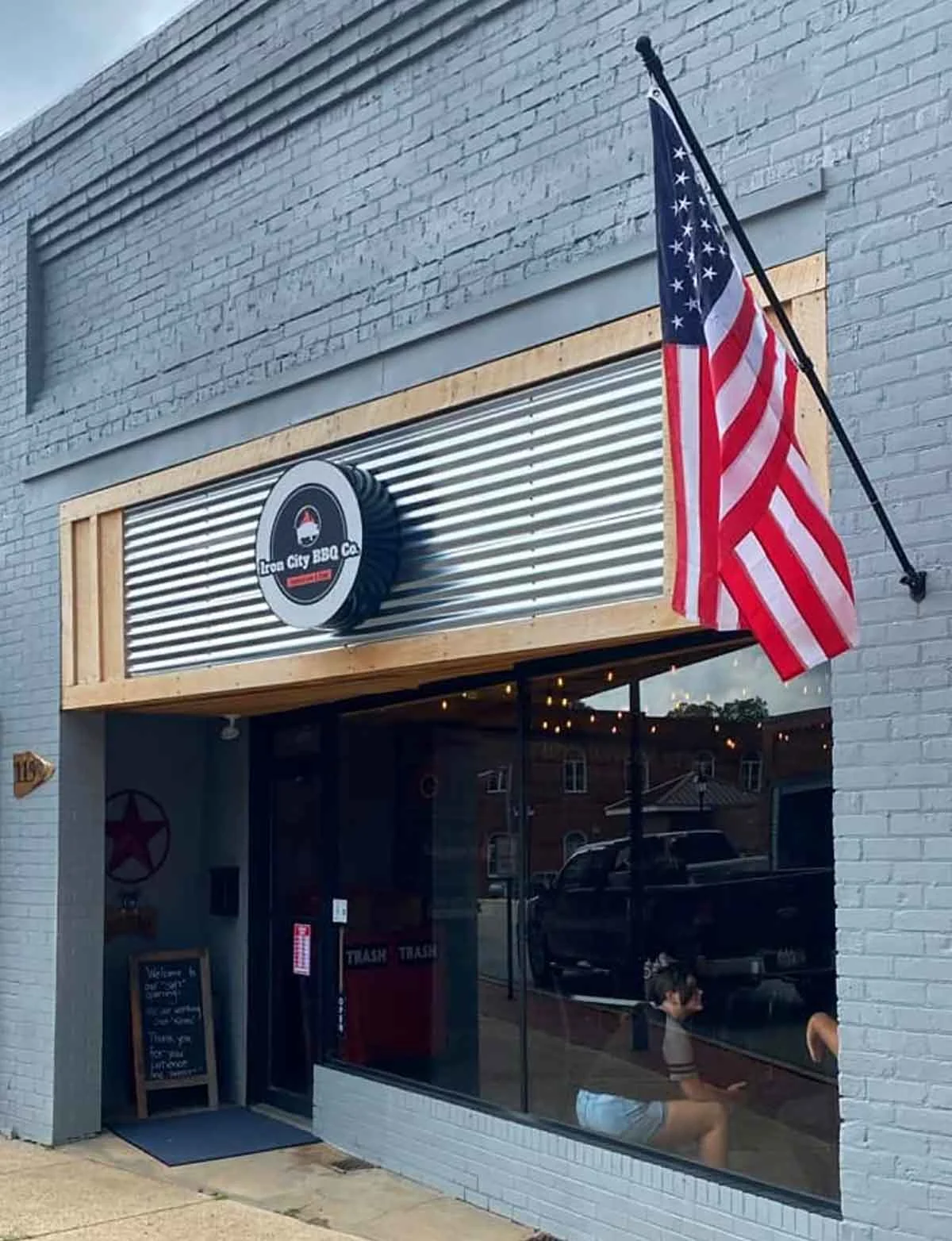 Exterior entrance of Iron City BBQ Co. in Blacksburg.