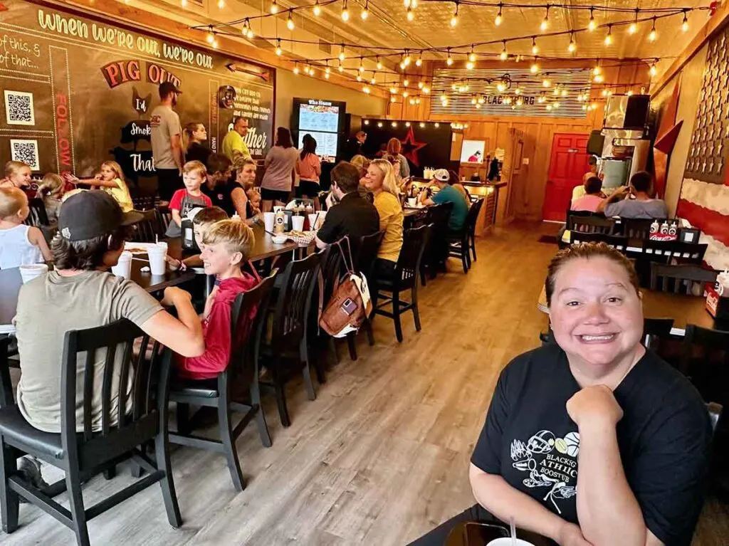 Crowded interior of Iron City BBQ Co. in Blacksburg.