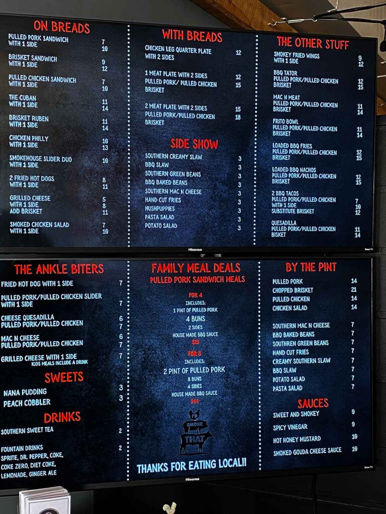 Menu for Iron City BBQ in Blacksburg.