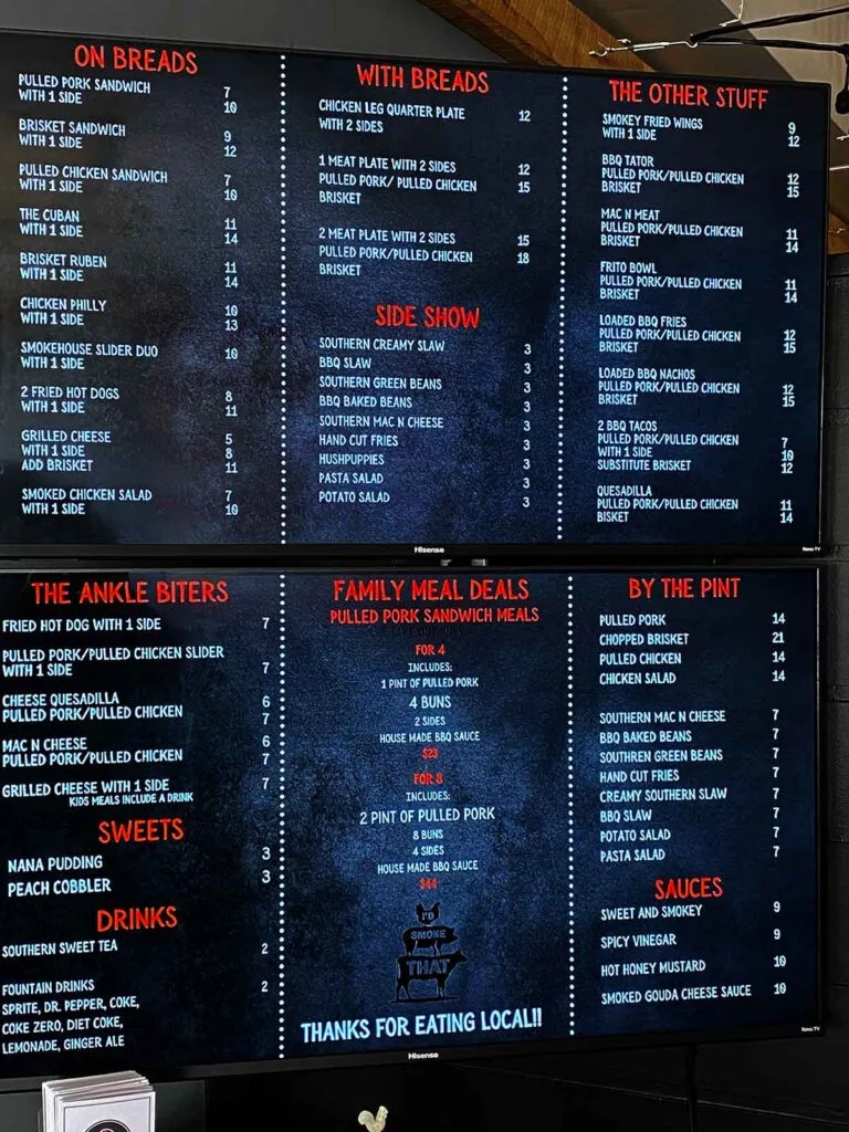 Menu for Iron City BBQ in Blacksburg.