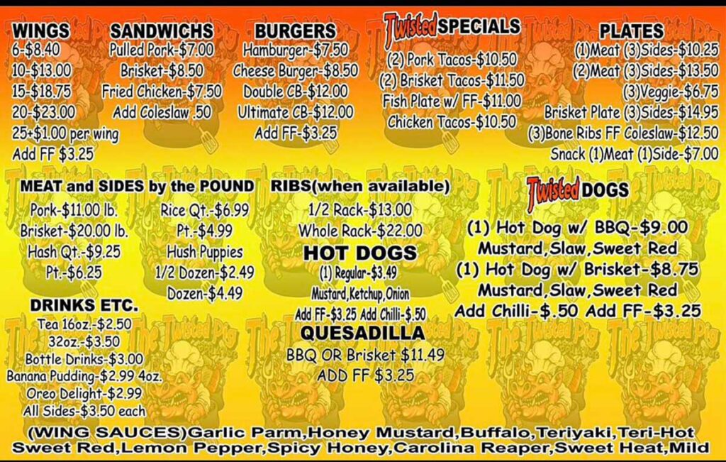 Menu 1 for Twisted Big BBQ in Sumter.