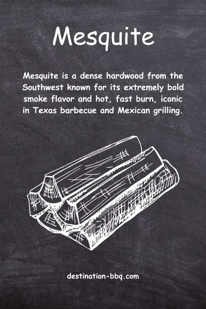 Chalkboard design for the BBQ term "Mesquite" (hardwood) including a definition and a sketch of a pile of cut firewood.